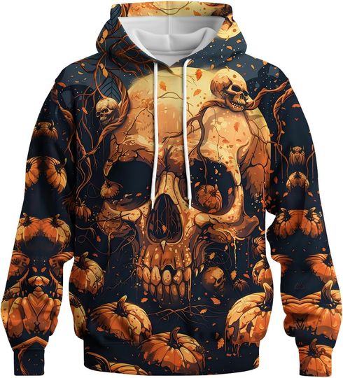 Discover Novelty Pumpkin Skull Hoodie Funny Halloween Hoodies Sweatshirts Pullover Long Sleeve