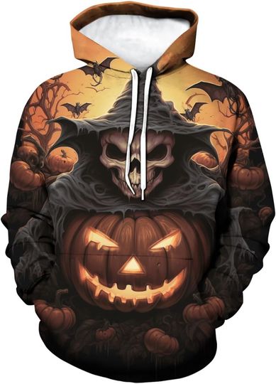 Men's Halloween Novelty Hoodies Pumpkin Skull Printed Pullover Shirt Casual Long Sleeve Sweatshirt