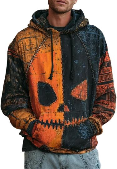 Discover Men's Retro Halloween Pumpkin Face Contrast Print Hoodie Halloween Spooky Face Sweatshirt Pumpkin Patchwork Shirt
