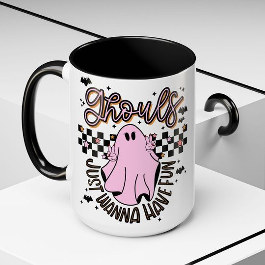 Discover Fun-Themed Accent Coffee Mug, Halloween Mug, Gift for Coffee Lovers, Whimsical Drinkware, Cute Mug for Friends, Pink Ghost Design