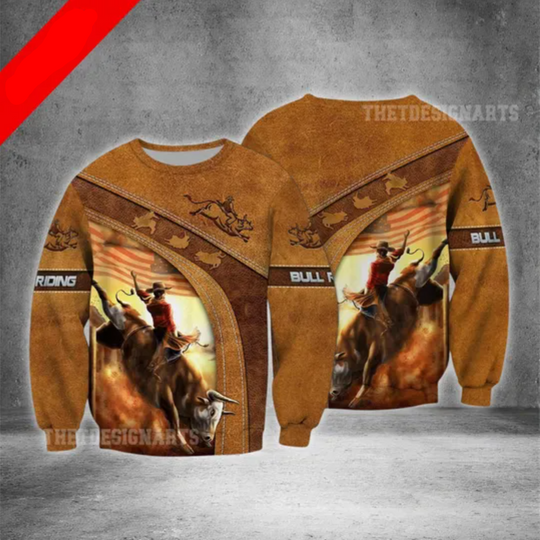 Bull Riding American Flag Leather 3D Sweatshirt Hoodie, Patriotic Christmas Shirt for Western Style Gift, Cowboys Gift, Rodeo Fans Gift