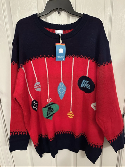 New Aldi Gear Sweater XXL Red Navy Ugly Christmas Aldi Logo Ornaments Festive