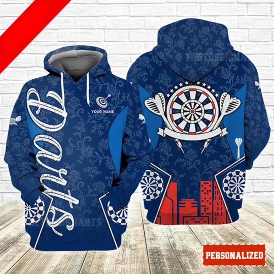 Personalized Darts Hoodie Blue Flower Pattern 3D Printed Sweatshirt for Dart Lovers Christmas Gift