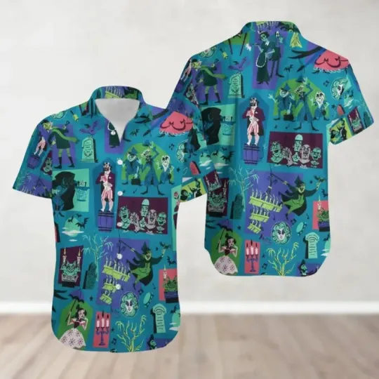 Discover Disney Haunted Mansion Hitchhiking Ghosts Foolish Mortals Teal Hawaiian Shirt