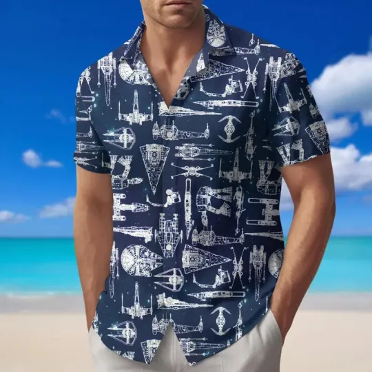 Discover Disney Star Wars Space Battle Spaceship Art Navy Blue Hawaiian Shirt