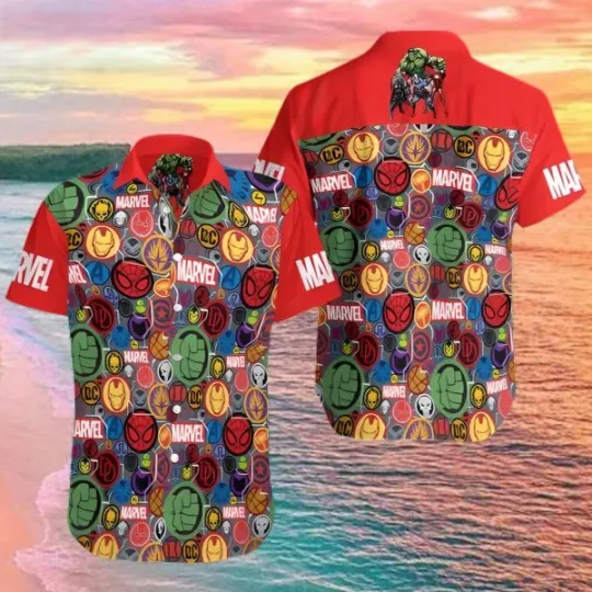 Discover Disney Marvel Super Heroes Icon Logo Red Hawaiian Shirt
