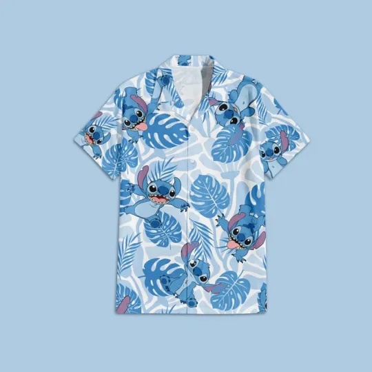 Discover Disney Stitch Lilo & Stitch Tropical Leaves Blue Hawaiian Shirt