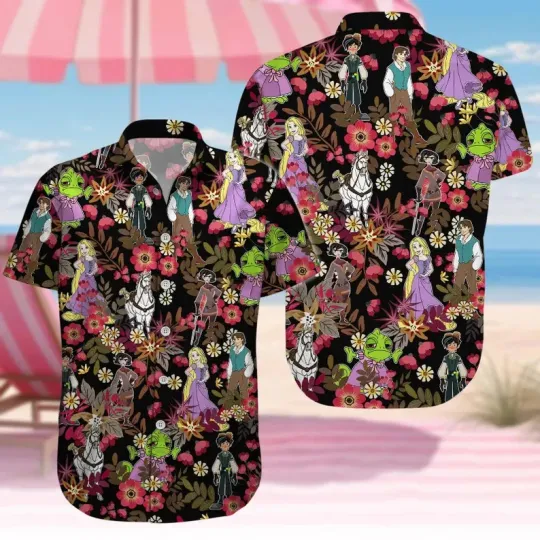 Discover Disney Tangled & Friends Tropical Flowers Black Hawaiian Shirt