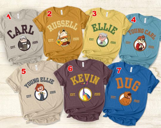 Discover Retro Pixar Up Movie Characters Shirt, Disney Up Adventure Family Shirt, Carl Ellie Couple Matching, Magic Kingdom Russel Kevin Dug Shirt