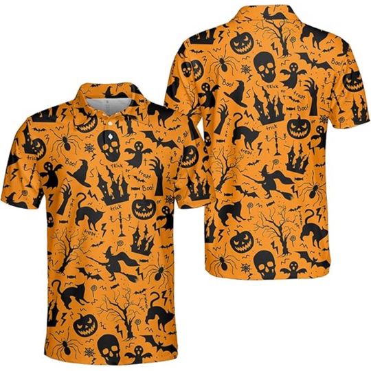 Halloween Polo Shirt: Spooky Pumpkin, Skull, Bat, Witch Pattern