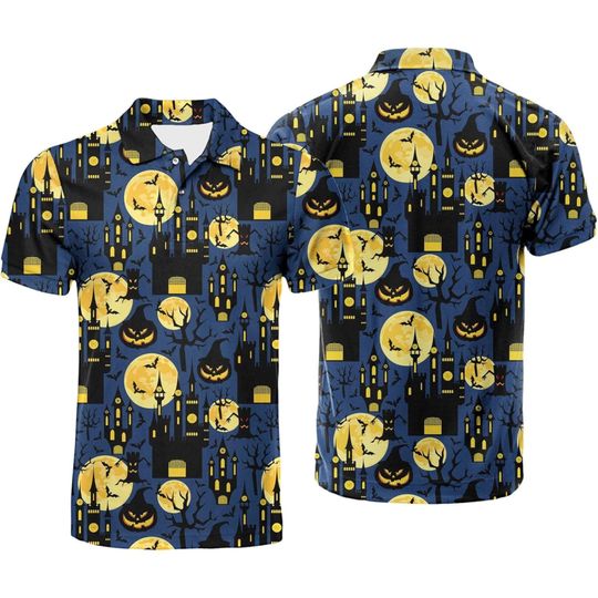 Discover Haunted Castle Halloween Polo Shirt: Spooky Moon, Bats, and Pumpkins