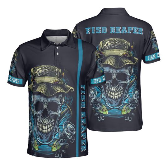 Discover Fish Reaper Polo Shirt: Grim Angler Skull with Lures