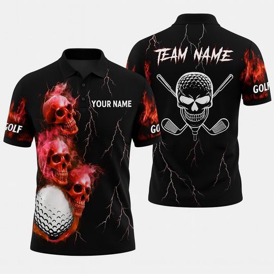 Discover Flaming Skull Golf Polo Shirt: Custom Name & Team, Gothic Graphic Tee