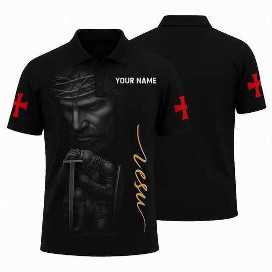Discover Jesus Knight of Faith Custom Name Polo Christian Shirt