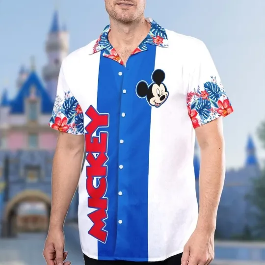 Discover Disney Mickey Mouse Animated Movie Character Floral Blue White Hawaiian Shirt