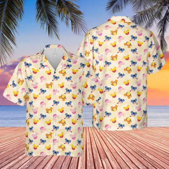 Discover Disney Winnie Pooh & Friends Mouse Ears Aloha Summer Beach Yellow Hawaiian Shirt