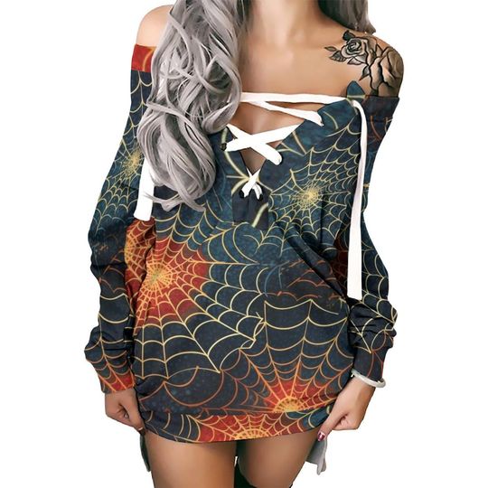 Women's Lace-Up Off-Shoulder Long Sleeve Sweatshirt Dress with Spiderweb Print