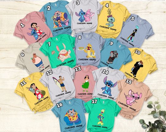 Discover Custom Name Disney Lilo And Stitch All Characters Group T-Shirt, Nani Angel Matching Shirt, WDW Disneyland Family Vacation Shirt Stitch