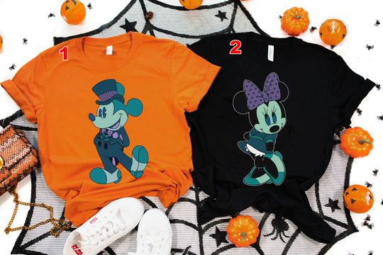 Discover Disney Couple Mickey And Minnie Costume Haunted Mansion Halloween T-Shirt, Mickey_s Not So Scary Party Tee, Disneyland Family Vacation Gift