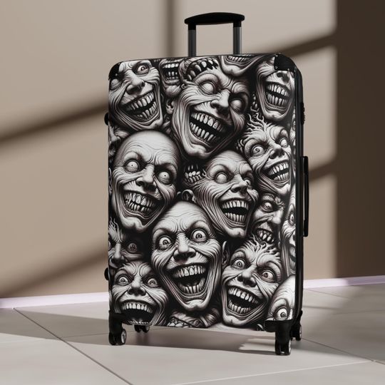 Discover Spooky Horror-Themed Suitcase, Unique Travel Luggage, Halloween Decor, Crazy Face Print, Nightmare Travel Gear, Creepy Travel Bag
