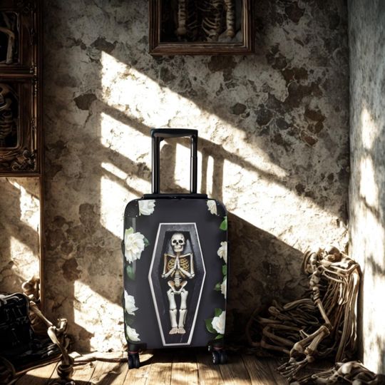 Discover Skeleton Coffin Rolling Suitcase: Gothic Floral Macabre Travel Bag