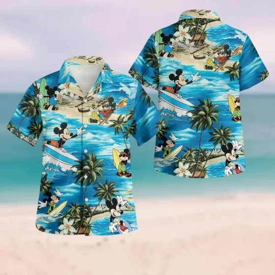 Discover Disney Mickey Summer Surfing Tropical Aloha Hawaiian Shirt
