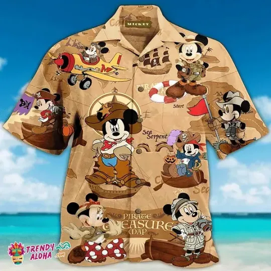 Discover Disney Pirates Mickey Mouse Treasure Map Summer Holiday Hawaiian Shirt