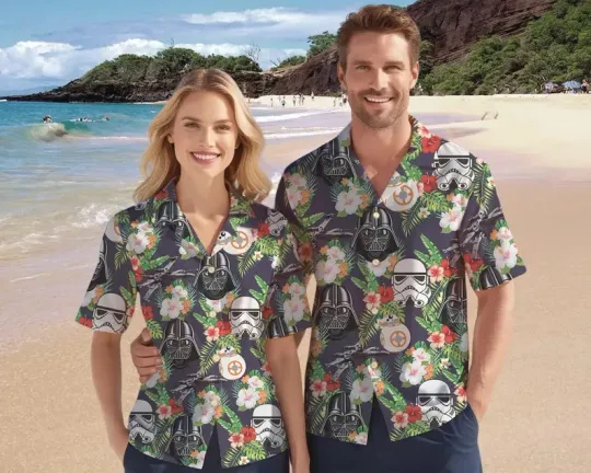 Discover Disney Star Wars Darth Vader Stormtrooper Tropical Leaves Black Hawaiian Shirt