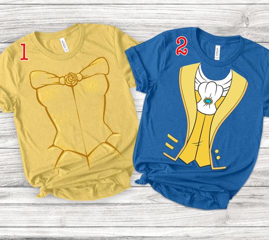 Disney Beauty And The Beast Costume Couple T-shirt, Belle Princess Halloween Costume Shirts, Belle And Beast Cosplay Shirt, Halloween Party