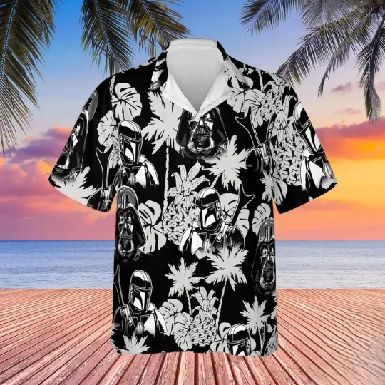 Discover Disney Star Wars Boba Fett Darth Vader Tropical Black White Hawaiian Shirt