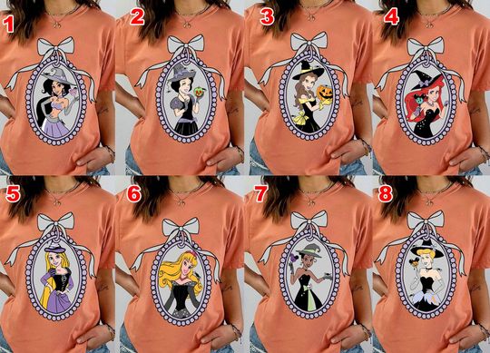 Discover Coquette Bows Halloween All Princesses Characters Unisex T-Shirt, Cinde, Snow White Ariel Rapunzel Halloween Disney Spooky Girl Trip