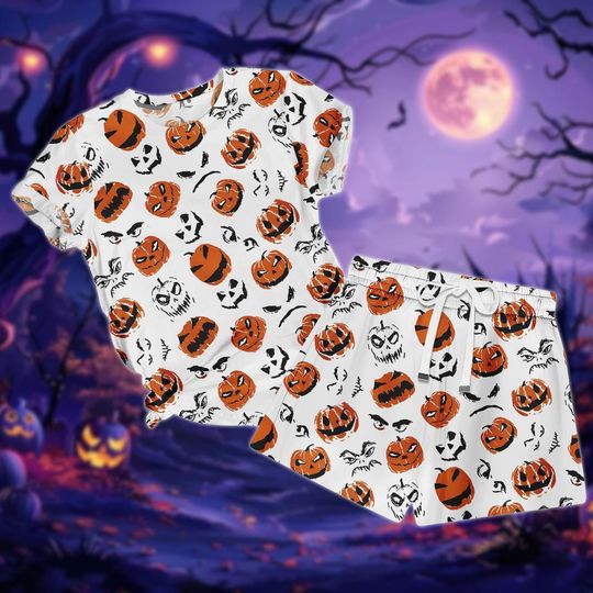 Halloween Spooky Pumpkin Face T-Shirt and Shorts Pajamas, Halloween PJs Set, Halloween Night Party, Scary Costume for Halloween