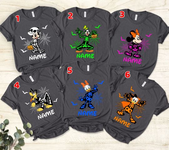 Discover Custom Disney Halloween Shirt, Custom Name and Character Disney Skeleton shirt, Disney Skeleton Family Shirts, Disney Halloween Group Shirt
