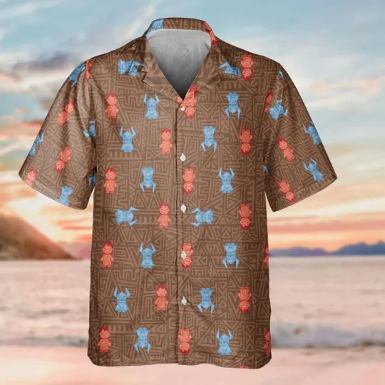 Disney Lilo And Stitch Red & Blue Brown Hawaiian Shirt