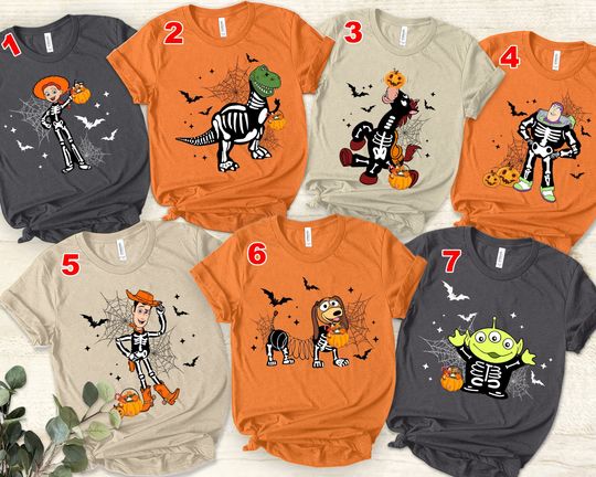 Toy Story Halloween T-shirt, Disney Buzz Lightyear Woody Jessie Rex Aliens Costume Skeleton Shirt, Pixar Toy Story Family Crew Shirt Gift