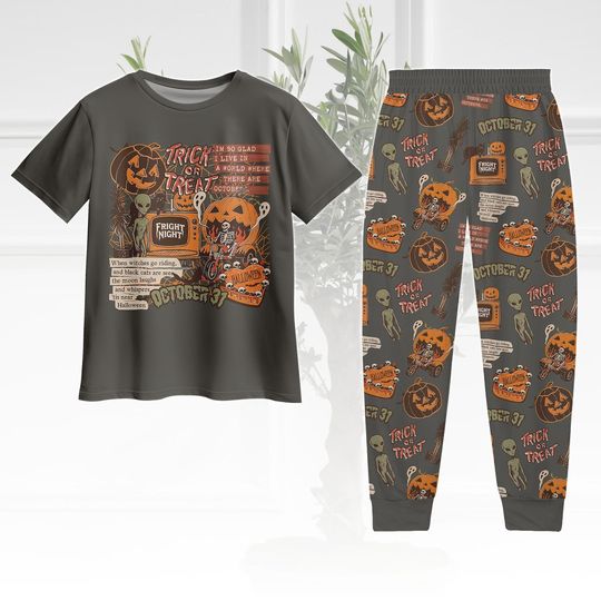 Discover Halloween Collage Tshirt And Pants, Spooky Season Matching Pajamas Set, Cute Ghost Pumpkin Outfit, Family Halloween Pjs, Halloween Set