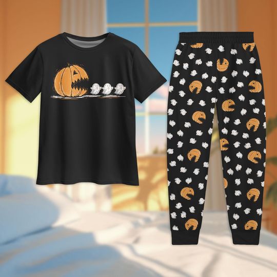Discover Pumpkin Chasing Ghost Tshirt And Pants, Funny Pacman Halloween Pajamas Set, Cute Ghost Pumpkin Pajamas, Spooky Matching Pajamas