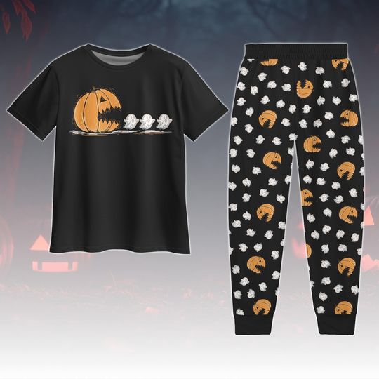Discover Pumpkin Chasing Ghost Tshirt And Pants, Funny Pacman Halloween Pajamas Set, Cute Ghost Pumpkin Pajamas, Spooky Matching Pajamas