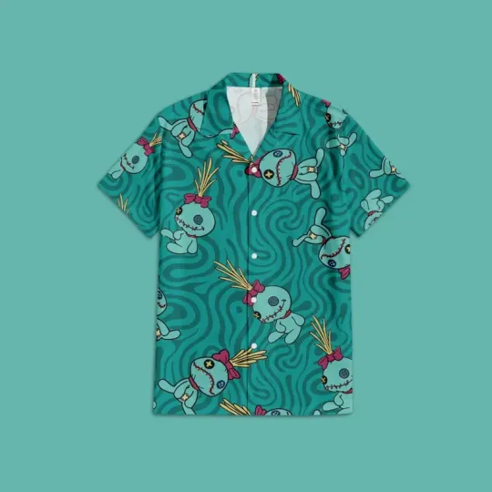 Disney Lilo & Stitch Ocean Waves Scrump Swirling Green Hawaiian Shirt
