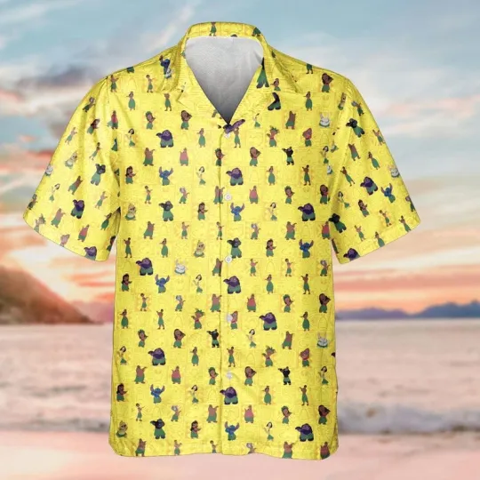 Disney Lilo And Stitch Characters Dancing Vacation Yellow Hawaiian Shirt