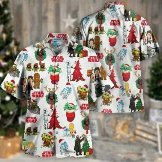 Discover Disney Star Wars Merry Christmas Aloha White Hawaiian Shirt