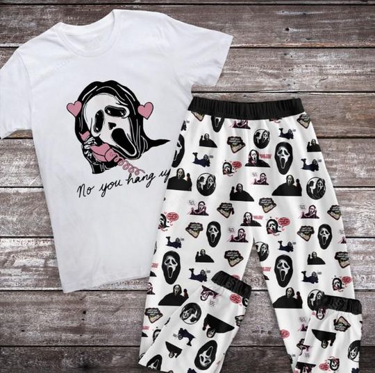No You Hang Up Valentine Pajamas Set, Ghostface Valentine Shirts For Woman Pajamas Set, Funny Couple Valentines Day Gift Shirt