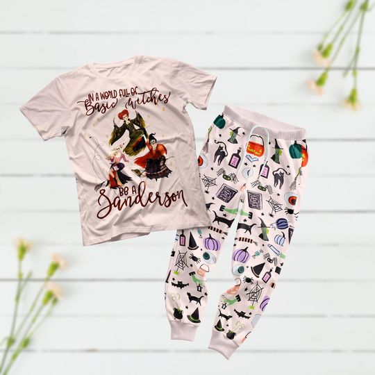 Sanderson Sisters Halloween Pajamas, Retro Hocus Pocus T-Shirt Pants Set, Horror Movie Sleepwear Set, Halloween Matching Family Loungew