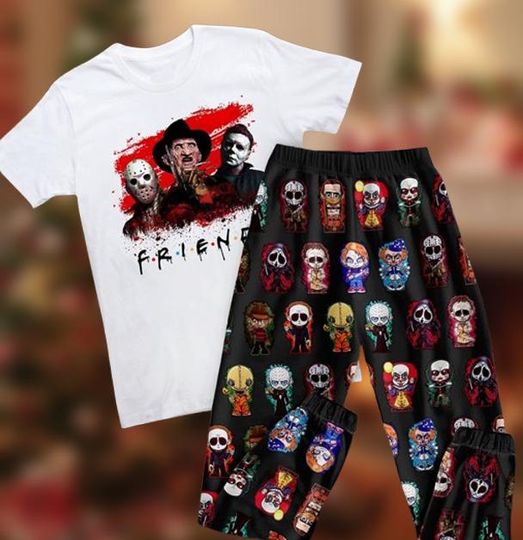 Discover Horror Movie Pajamas Set | Scary Friends T-Shirt & Spooky Pants | Halloween Sleepwear for Horror Fans | Creepy Lounge Outfit