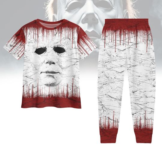 Michael Myers Mask Tshirt Pants Set, Halloween Horror Outfit, Scary Movie Matching Sleepwear, Halloween Pjs Set, Halloween Gift For Him
