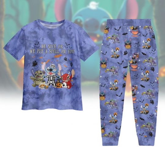Discover Disney Stitch Halloween Pajamas Set, Stitch Pumpkin Horror T-Shirt Pant Set, Scary Movie Lounge Set, Funny Disney Sleepwear