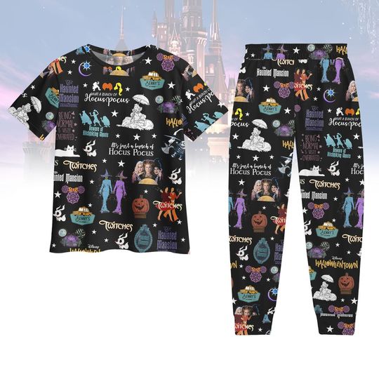 Discover Disney Halloween T-Shirt Pants Set, Hocus Pocus Haunted Mansion Twitches Pajamas, Spooky Disney Outfit, Halloween Hocus Pocus Pjs