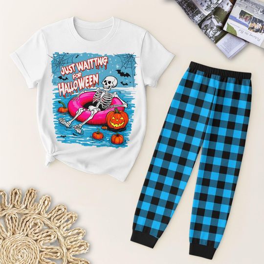 Just Waiting For Halloween T Shirt And Pants Pajamas Set, Halloween Skeleton In Pool Sleepwear, Blue Plaid Pants, Spooky Season Homewear