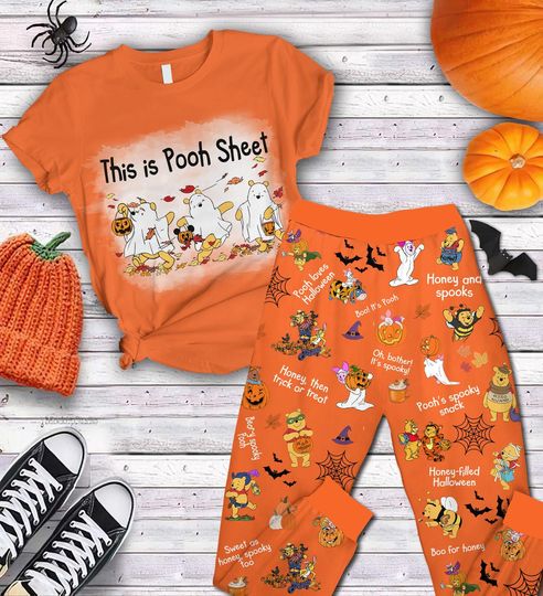 Halloween Winnie the Pooh Pajama Set, Orange Cartoon Shirt and Pants, Spooky Cute Sleepwear, Womens Fall Lounge Outfit