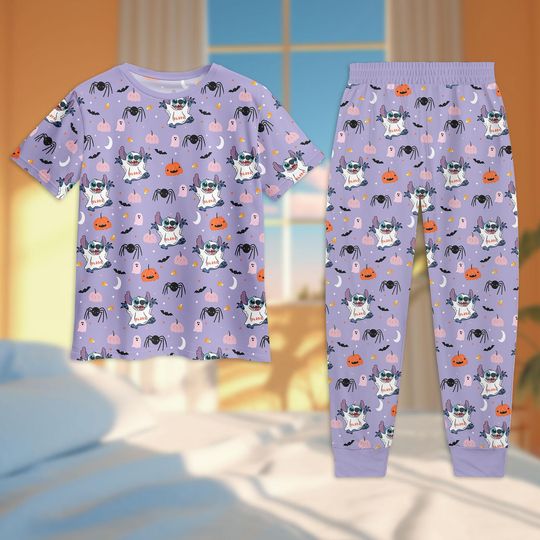 Discover Halloween Stitch T-Shirt Pants Set, Ghost Pumpkin Spider Pajamas, Disney Cute Sleepwear, Disney Stitch Pumpkin Halloween Pjs Set
